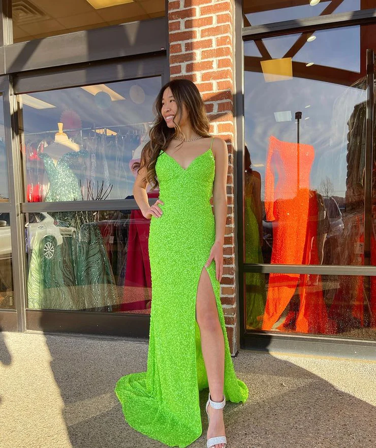 Glitter Mermaid Straps Green Sequins Long Prom Dresses with Slit