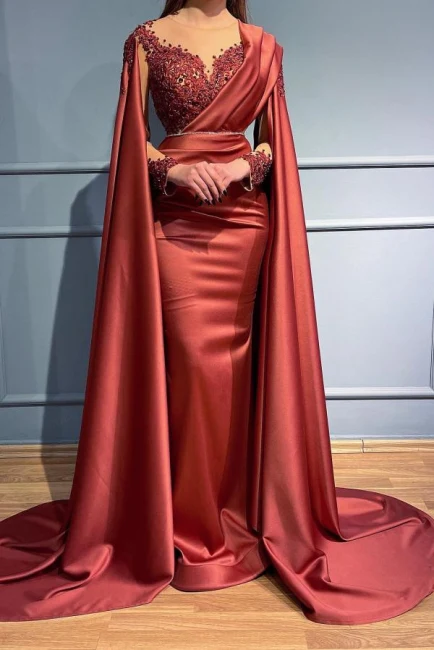 Designer Red Long Mermiad V-neck Lace Evening Dresses With Sleeves - FashionDia