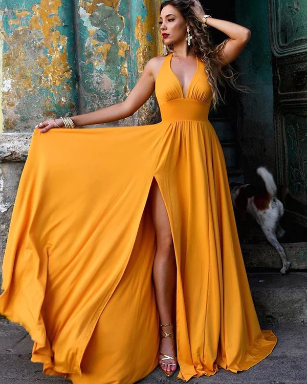 Halter Sweetheart A Line Side Slit Backless Long Gold Prom Dresses