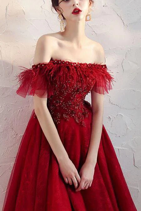 Burgundy Off The Shoulder Knee Length Homecoming Dress With Beading, A Line Dress
