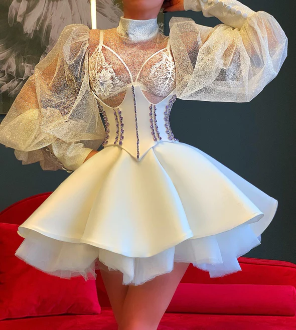 White Short Dress Corset Crystals Homecoming Dress Short Wedding Dress