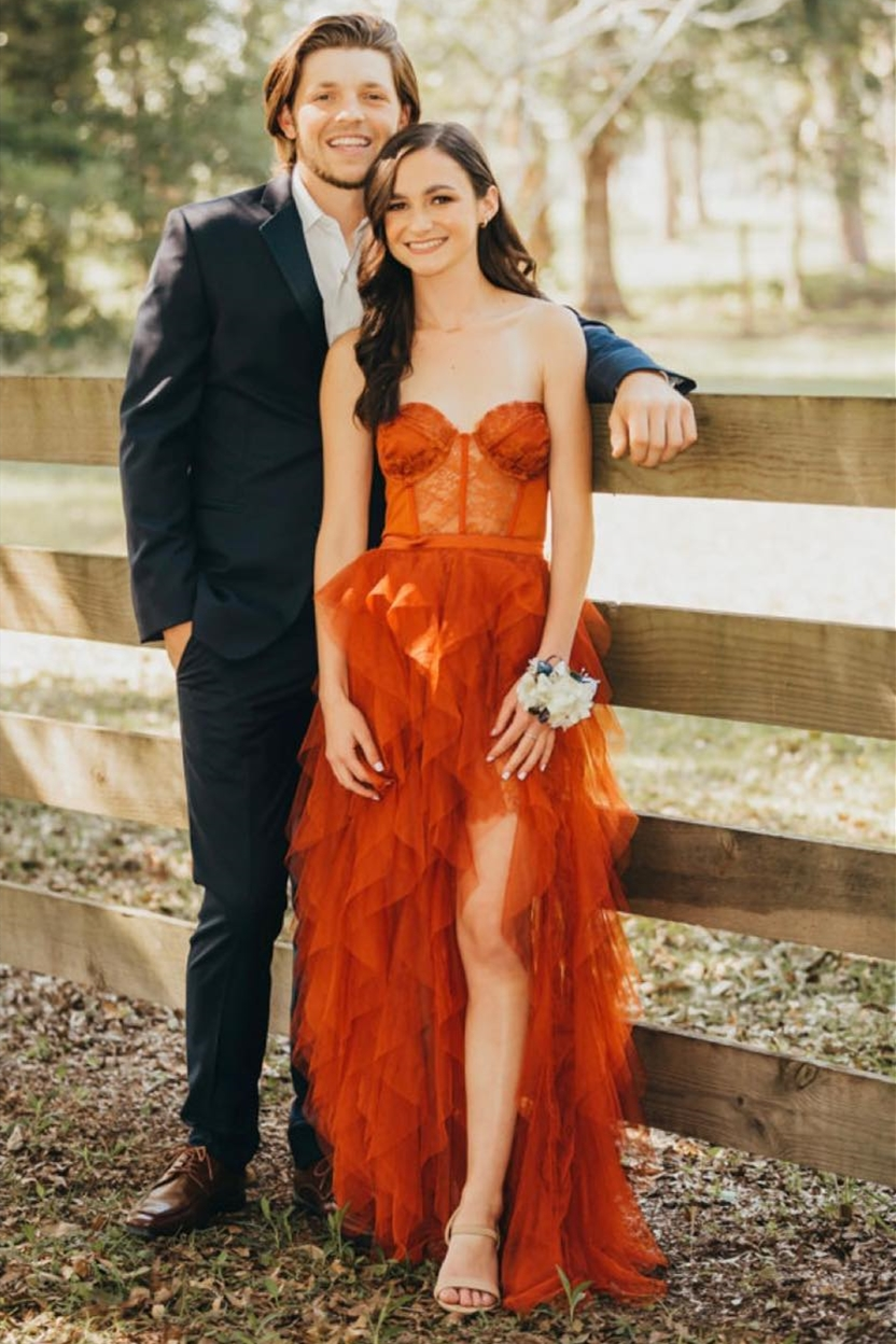 Gorgeous Sweetheart Rust Tiered Long Formal Dress with Slit