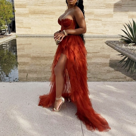 Gorgeous Sweetheart Rust Tiered Long Formal Dress with Slit