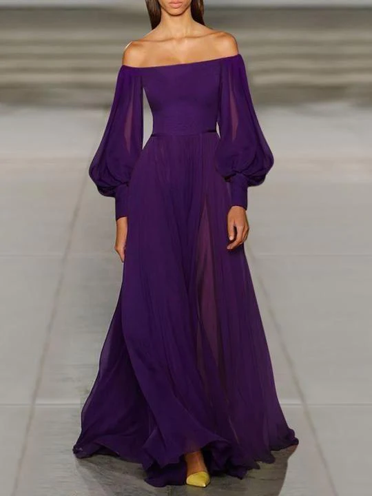 Elegant Sexy Strapless Tube Top Solid Color Lantern Sleeve Chiffon Dress
