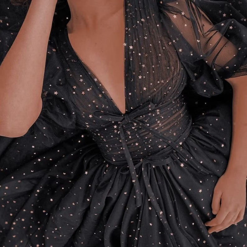 Black Tulle lace dress Black Dress Womens glitter Dress V-neckline Puff Sleeve Party Dress