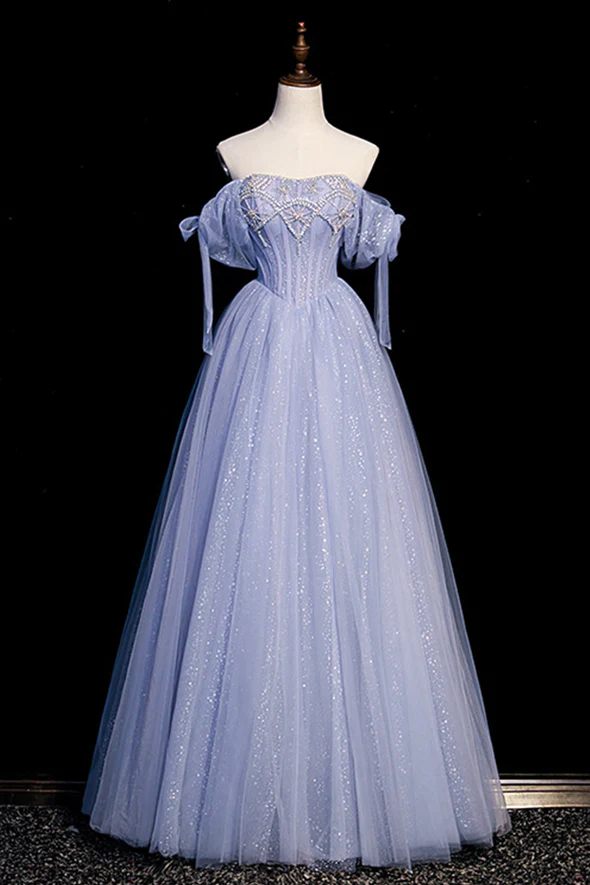 Blue Tulle Long A-Line Prom Dress with Beading