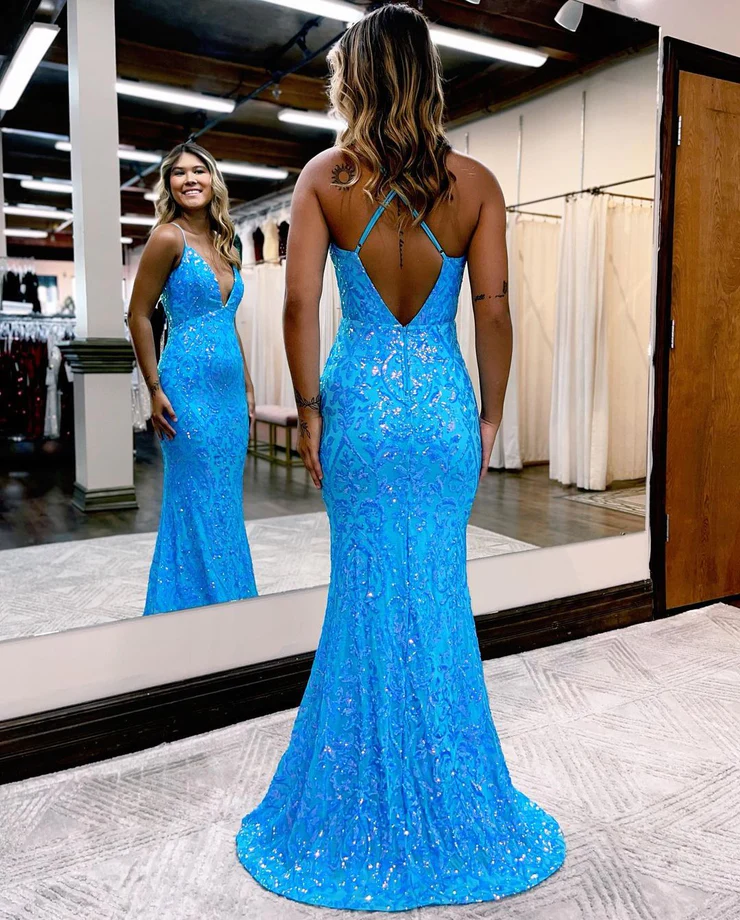Charming Mermaid V Neck Blue Lace Sequins Long Prom Dresses