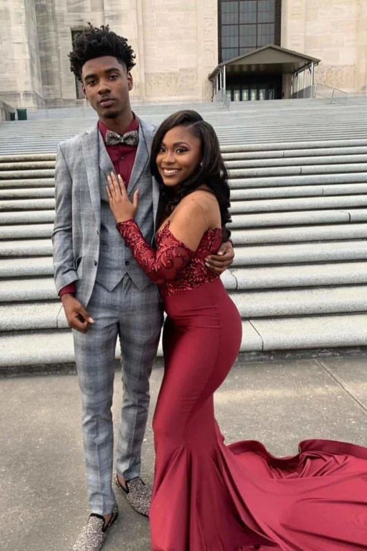 2023 Mermaid Burgundy Long Sleeves Stretchy Long With Appliques Prom Dresses