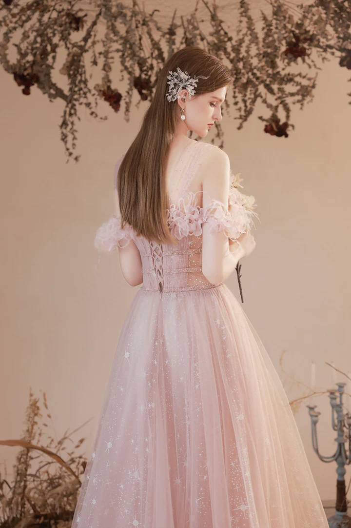 Pink tulle long prom dress A-line evening dress