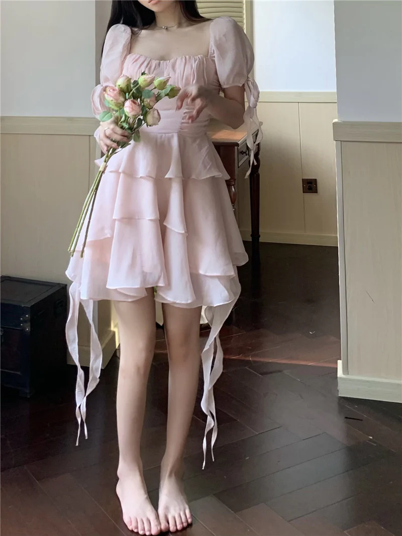 Ruffled Puff Sleeve Dress Solid Square Collar Women's Summer Dress , Homecoming Party Dress