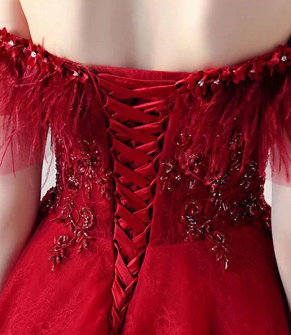 Burgundy Off The Shoulder Knee Length Homecoming Dress With Beading, A Line Dress