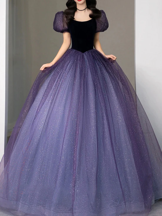 Purple tulle sequin long prom dress, purple evening dress