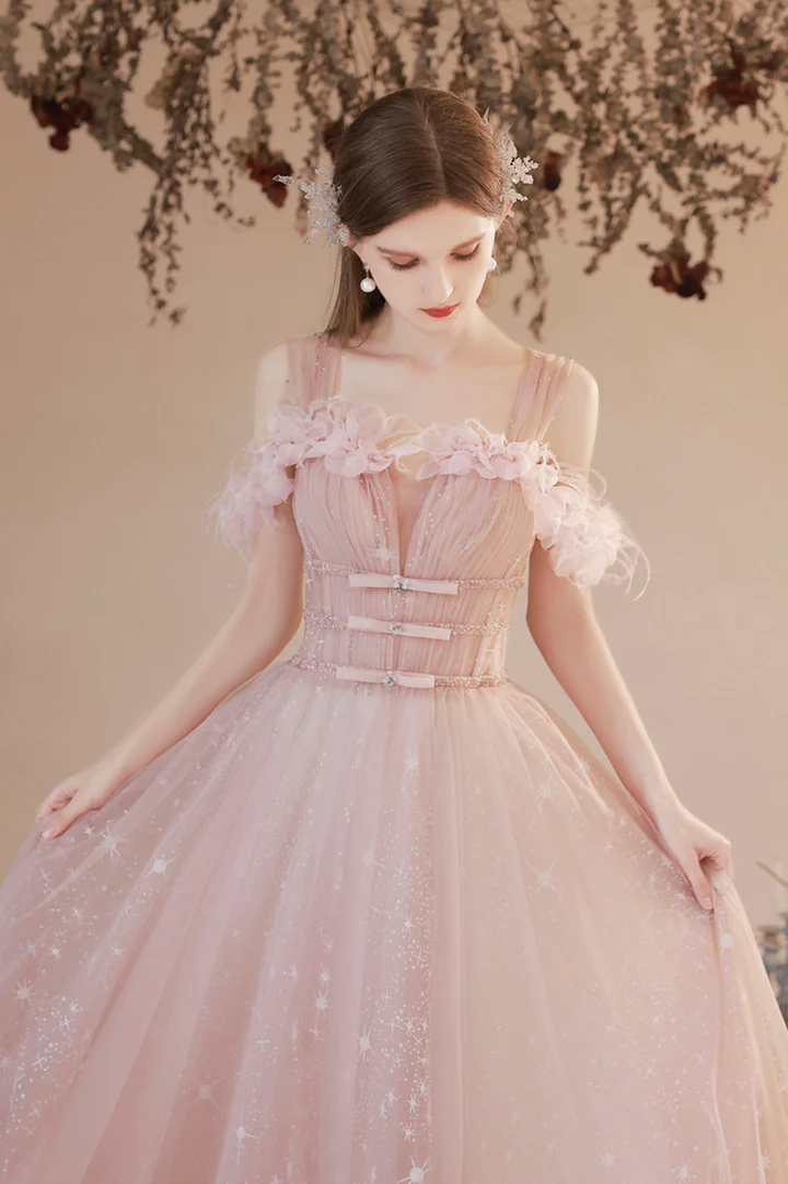 Pink tulle long prom dress A-line evening dress