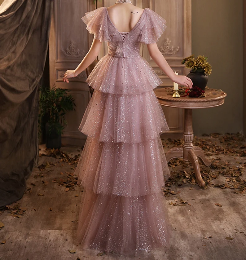 Dreamy Pink Long Prom Dress Girl Sparkly Tiered Dress Starry Evening Dress - View 3 | FashionDia