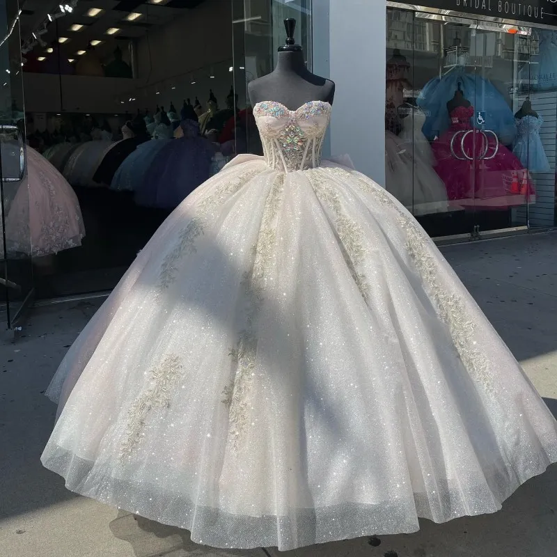 Luxury Ivory Sparkly Off-shoulder Quinceanera Dresses Crystal Birthday Party Prom Dress
