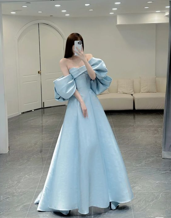 Gorgeous A line Blue Satin Prom Dress Evening Dress