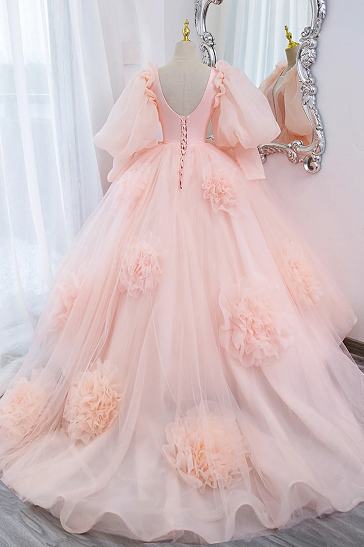 V-Neck Tulle Long Prom Dress, A-Line Puff Sleeve Princess Dress - View 3 | FashionDia