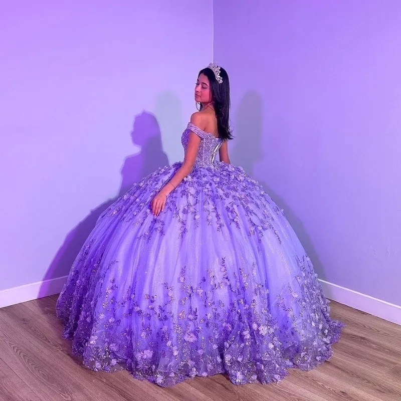 Purple Shiny Puffy Princess Quinceanera Dresses Off-the-Shoulder Beads 3D Floral Gillter Sequins Lace-up Corset 15 anos rosa - View 2 | FashionDia