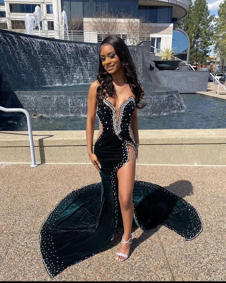 Velvet Prom Dress with High Slit, Wedding Reception Dress, Bridesmaid Dress - View 2 | FashionDia