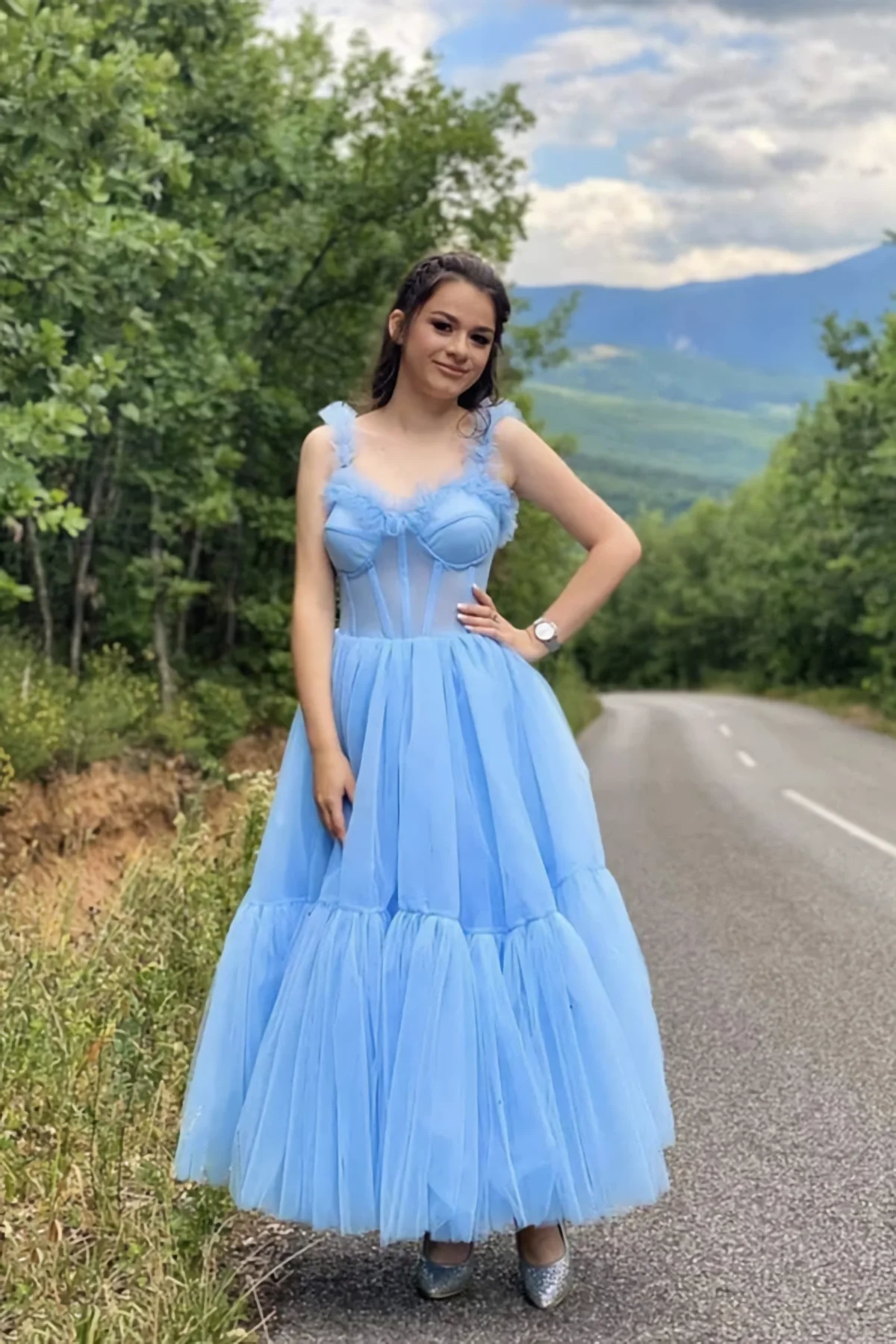 Sky Blue Straps Tulle A Line Prom Dress Sweetheart Homecoming Dresses