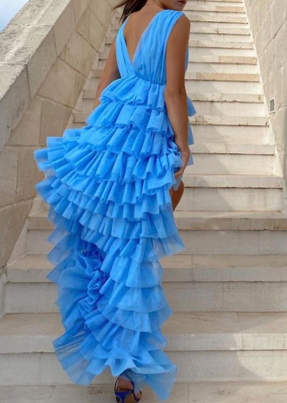 Blue high low prom dress, sexy evening dress