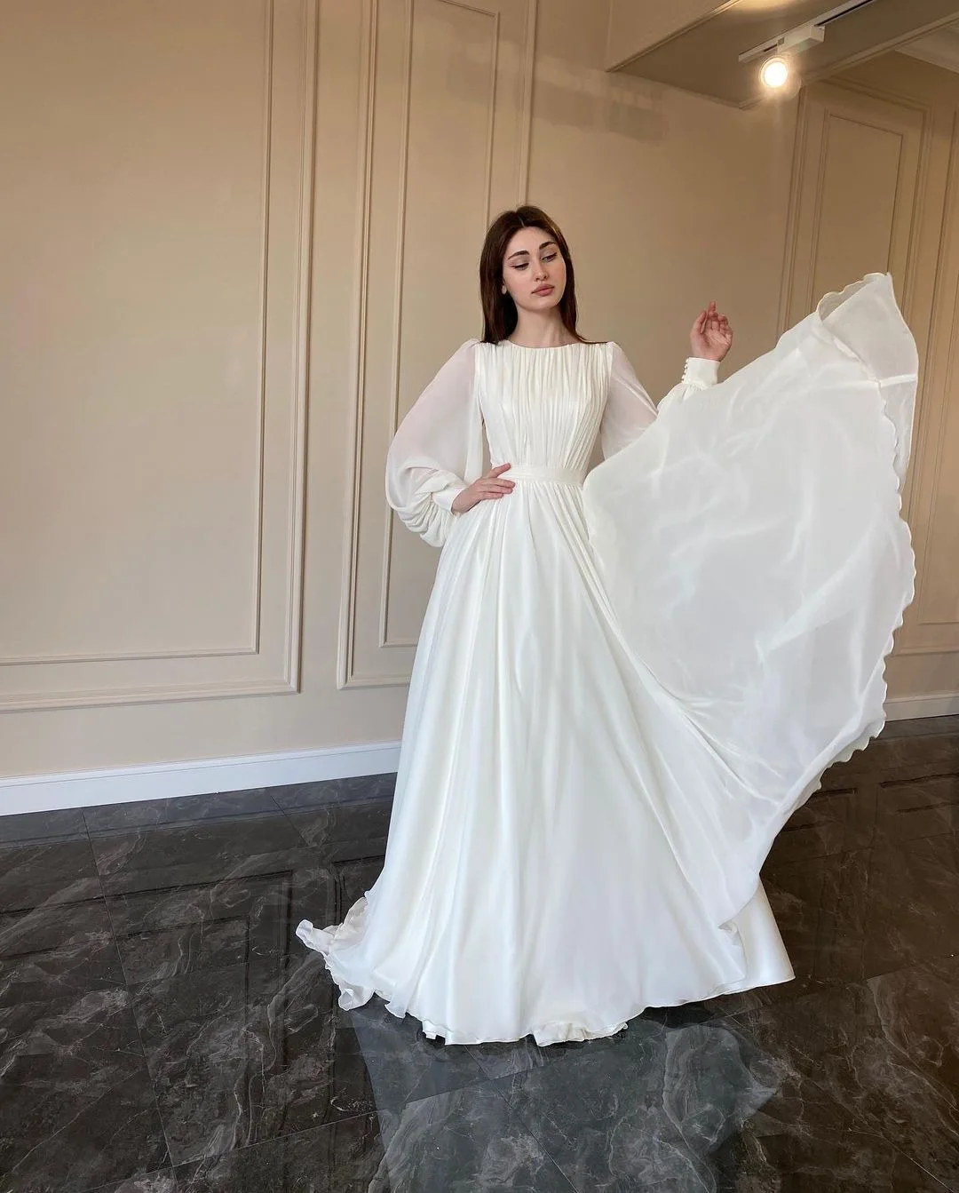Women Elegant Pleated Lantern Sleeve Round Neck Maxi Dress Fashion Long Sleeve Party Evening Dress - View 2 | FashionDia