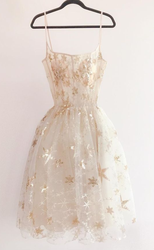 Cute A-Line Tulle Square Spaghetti Straps Sequins Short Party/Homecoming Dress - FashionDia