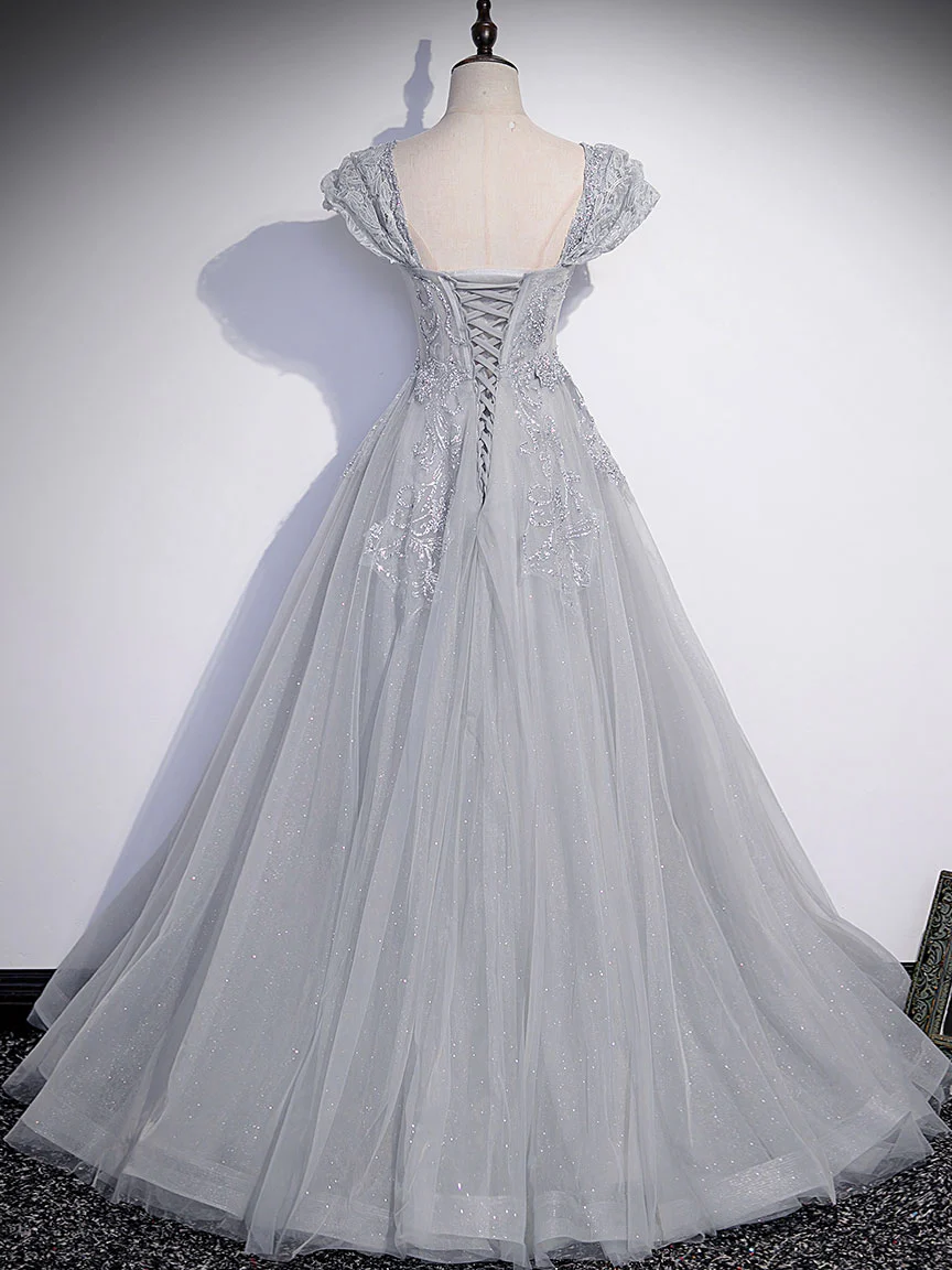 Gray Sweetheart Neck Tulle Lace Long Prom Dress, Gray Evening Dress - View 4 | FashionDia