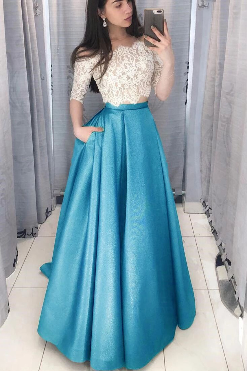 Two Piece Long Prom Dress with White Lace Top - View 4 | FashionDia