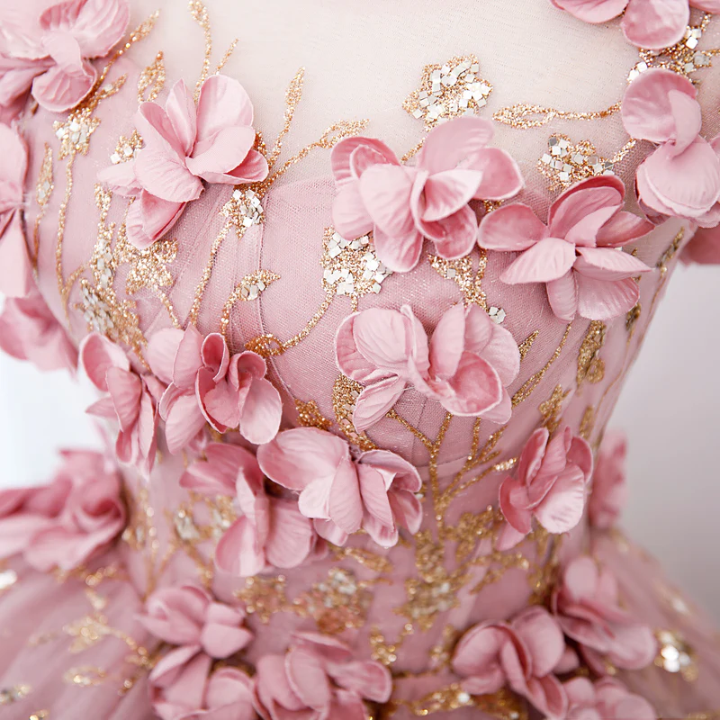 Lovely Pink Tulle Long Party Dress With Flowers, Pink Tulle Sweet 16 Gown - View 2 | FashionDia