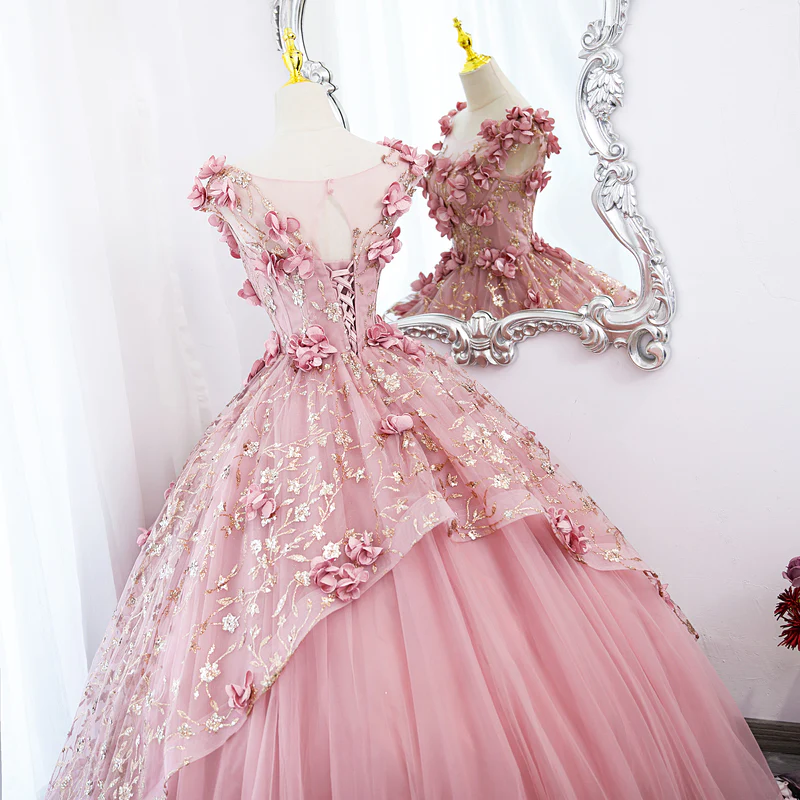 Lovely Pink Tulle Long Party Dress With Flowers, Pink Tulle Sweet 16 Gown - View 3 | FashionDia