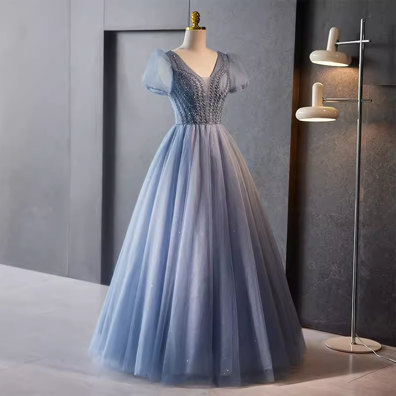 Sparkly A Line Blue Tulle Long Prom Dresses With Beads