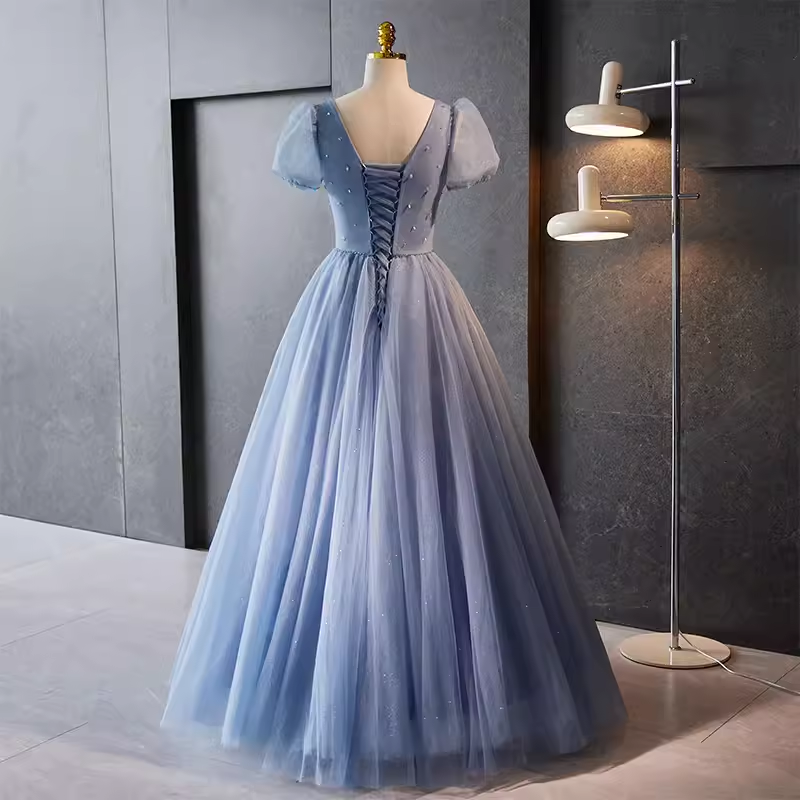 Sparkly A Line Blue Tulle Long Prom Dresses With Beads