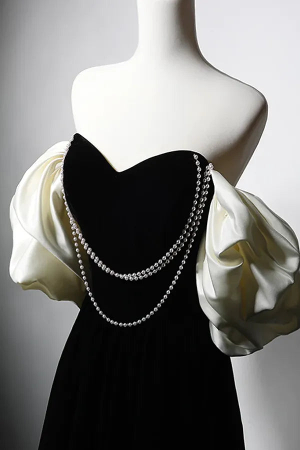 Elegant Black Satin A-Line Prom Dress Strapless Off The Shoulder Puff Sleeves Floor Length Evening Dress