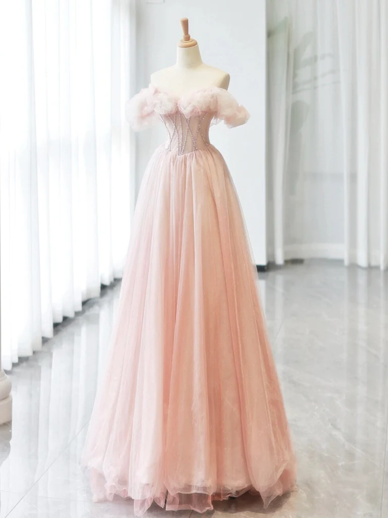A-Line Sweetheart Neck Off-the-Shoulder Tulle Pink Long Prom Dress - FashionDia