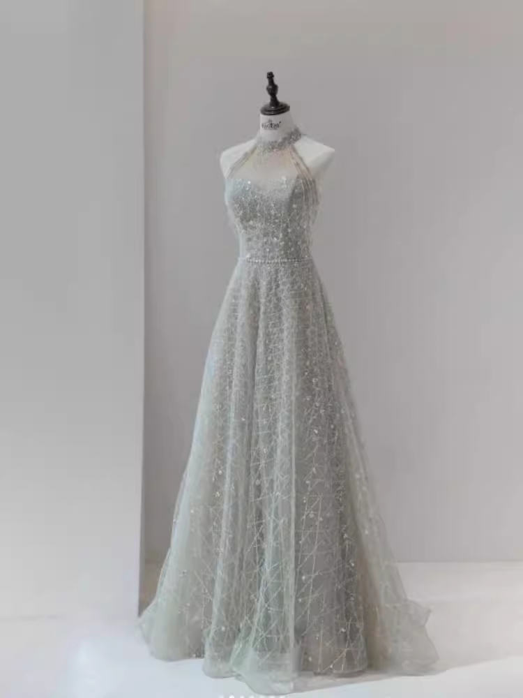 Sparkly A Line High Neckline Silver Sequin Long Prom Dress