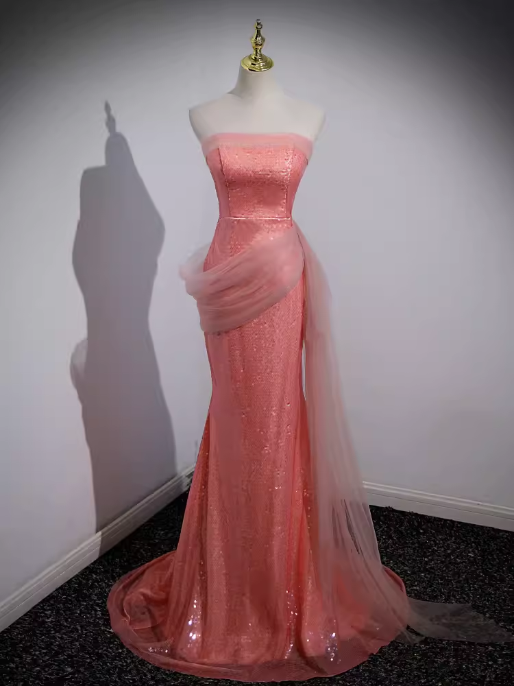 Sparkly Mermaid Strapless Pink Long Prom Dress