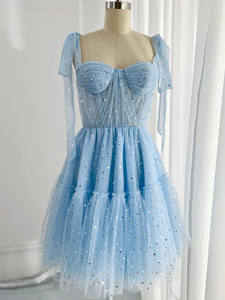 A-Line Sweetheart Neck Tulle Blue Short Homecoming Dresses - FashionDia