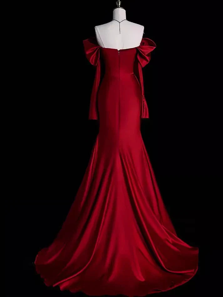 Burgundy Off The Shoulder Mermaid Long Satin Prom Dress Formal Party Evening Gown
