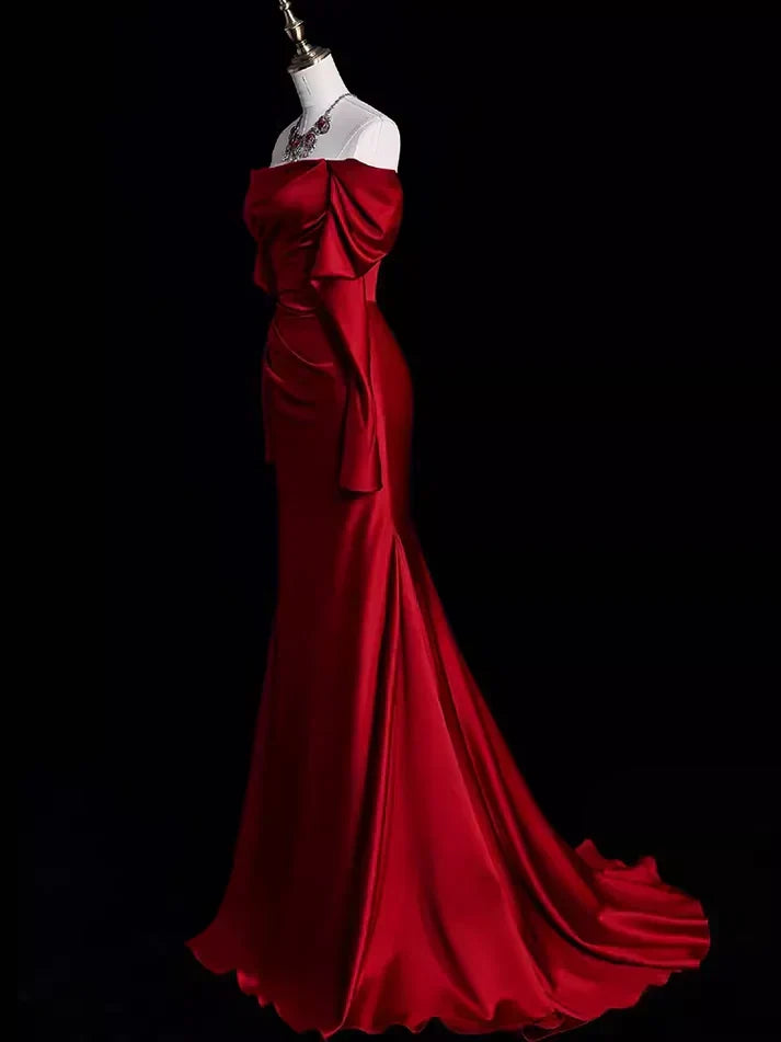 Burgundy Off The Shoulder Mermaid Long Satin Prom Dress Formal Party Evening Gown