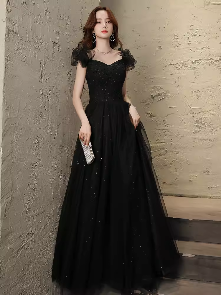 Elegant A-Line Puffy Sleeves Black Tulle Long Prom Dress - FashionDia