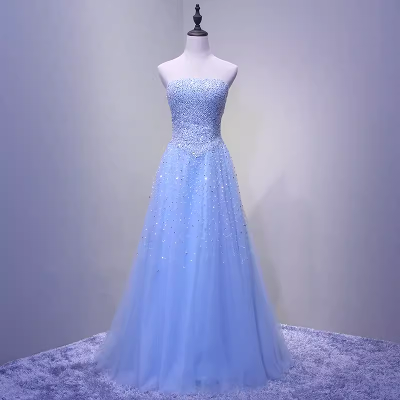 Elegant A line Strapless Sleelves Long Light Sky Blue Prom Dress