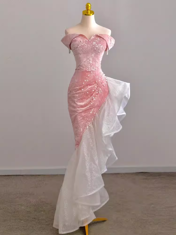 Elegant High-Low Strapless Sequin Pink Velvet Prom Dress - FashionDia