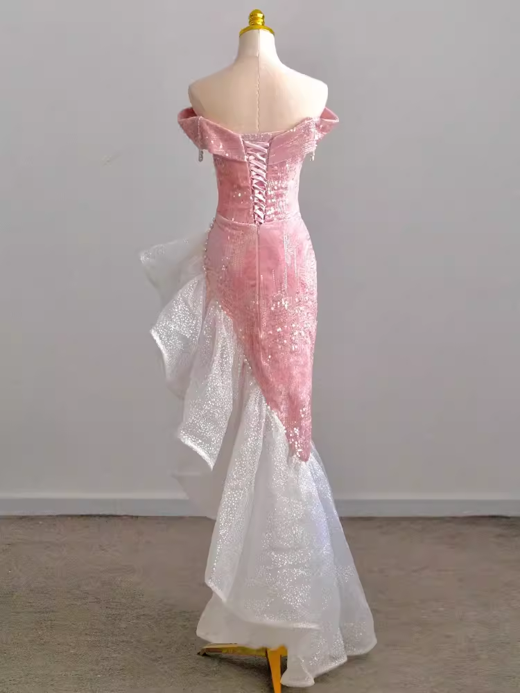 Elegant High Low Strapless Sequin Pink Velvet Prom Dress