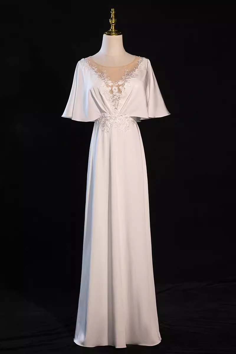 Sexy A line Short Sleeves Lace White Long Prom Dress