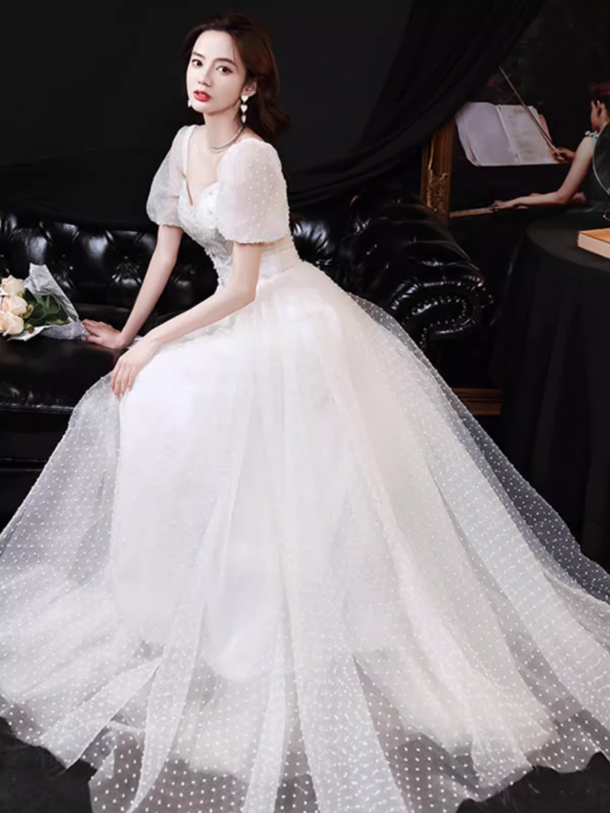Cute A-Line Short Sleeves White Long Prom Dress - FashionDia