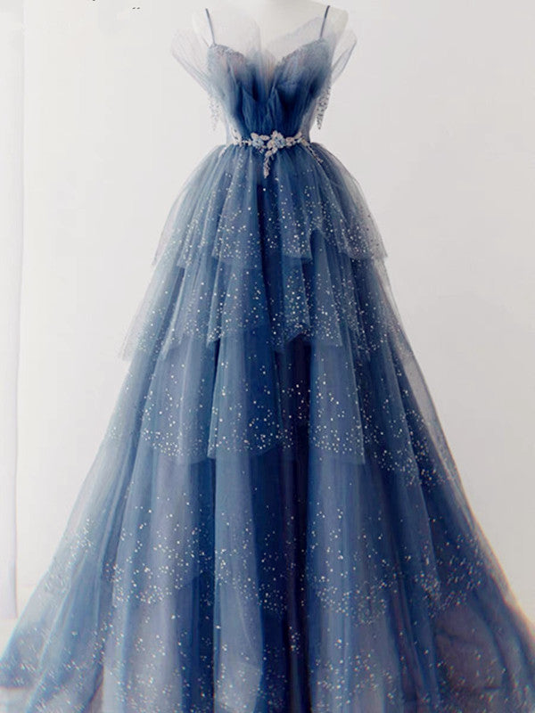 Elegant Ball Gown Straps Long Tulle Blue Prom Dress - FashionDia