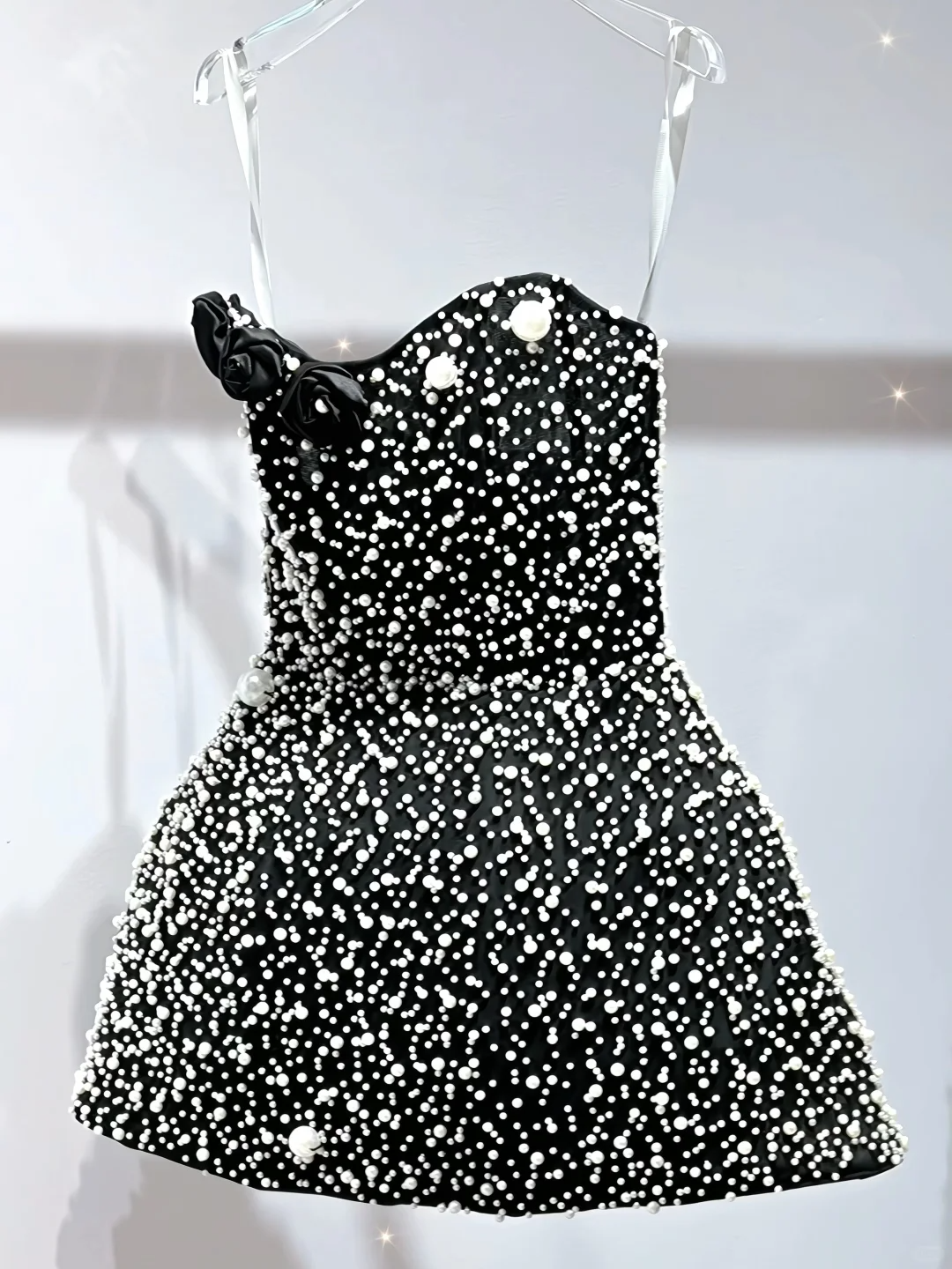 Gorgeous Strapless Black Satin Pearls Mini Birthday Outfits A-Line Homecoming Dress - FashionDia