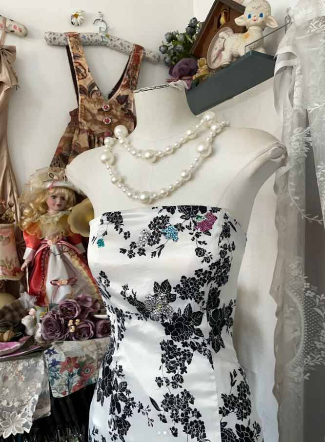 Vintage Strapless Satin Print Floral Mermaid Party Dress Long Evening Gown