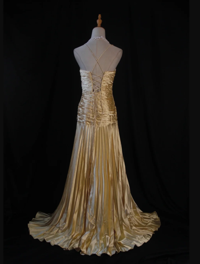 Stylish Spaghetti Straps Gold V-Neck Satin Pleated Beaded Long Party Dress Formal Wedding Guest Dress - View 4 | FashionDia